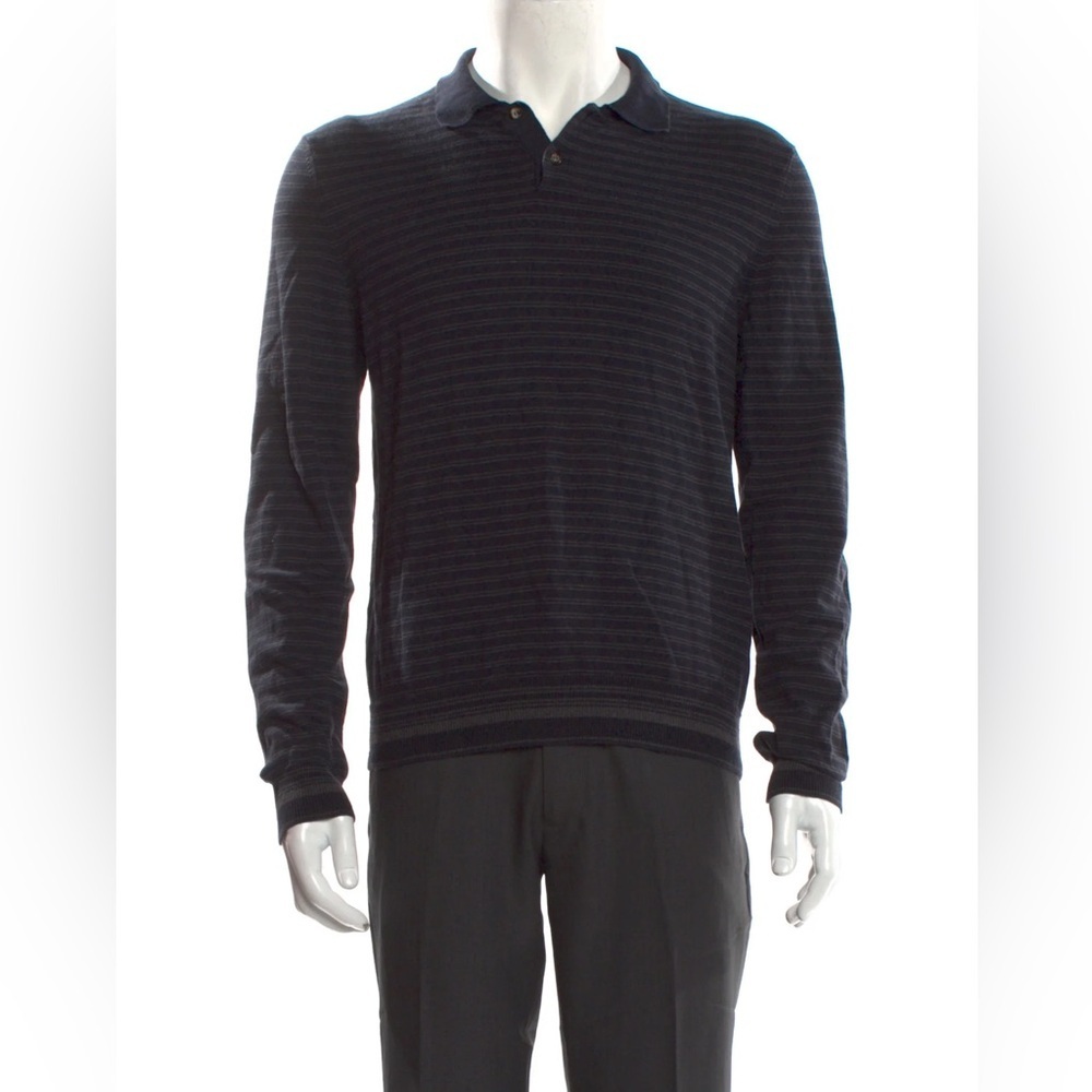 A.P.C. Men’s Long Sleeve Striped Polo Shirt Small Black Gray Two Button Placket